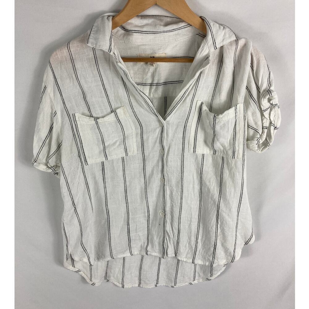 Thread & Supply Short Sleeve Linen Blend Striped Button Down Shirt Size Medium